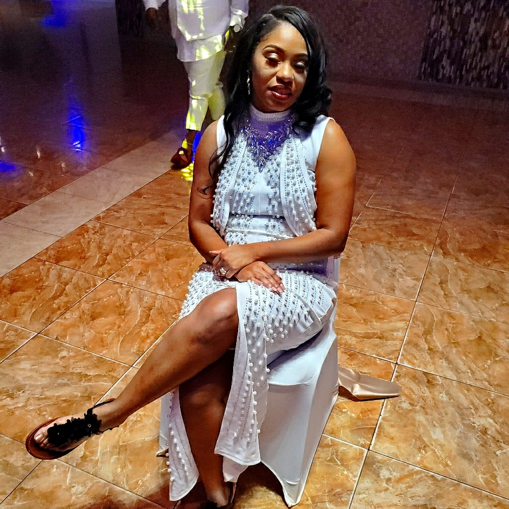White beaded & rhinestone split dress